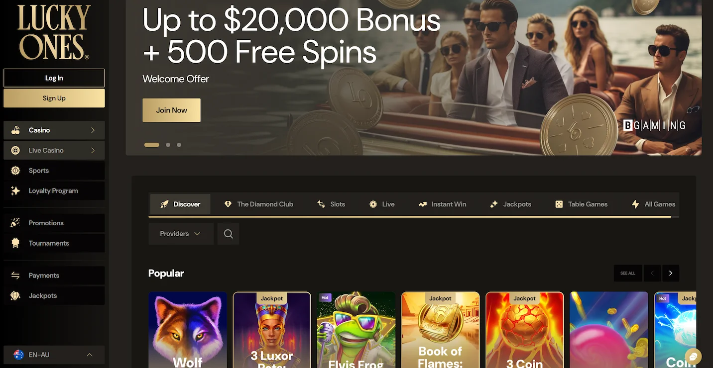 LuckyOnes casino frontpage showing welcome bonus offer, selection of popular online pokies and site navigation