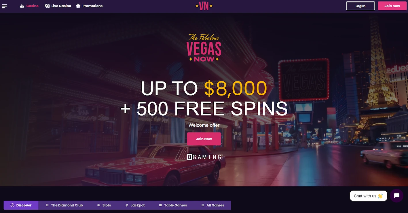 VegasNow casino frontpage showing welcome offer