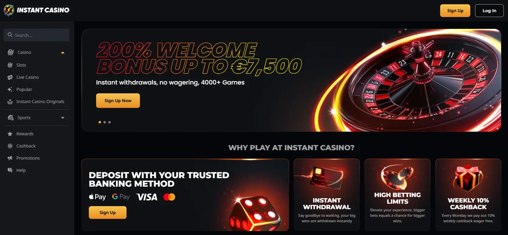 Instant Casino frontpage showing welcome bonus offer and site navigation